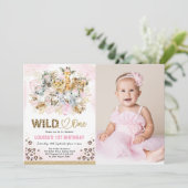 Pink Gold Boho Safari Wild One Photo Birthday Girl Kaart (Staand voorkant)