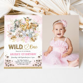 Pink Gold Boho Safari Wild One Photo Birthday Girl Kaart