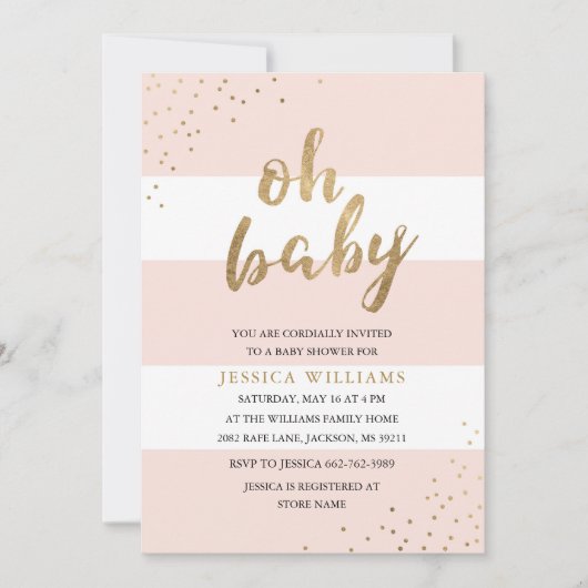Pink & Gold Bold Stripes Oh Baby shower Invitation (Devant)