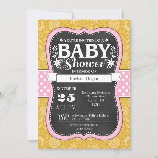 Pink Gold Chalkboard Floral Baby shower Invitation (Devant)