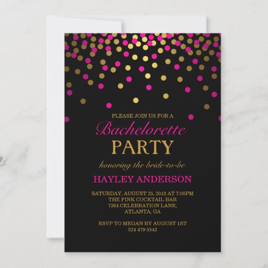 Pink & Gold Confetti Bachelorette Uitnodiging (Voorkant)