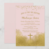 Pink Gold Confetti Baptême Invitation Girl (Devant / Derrière)