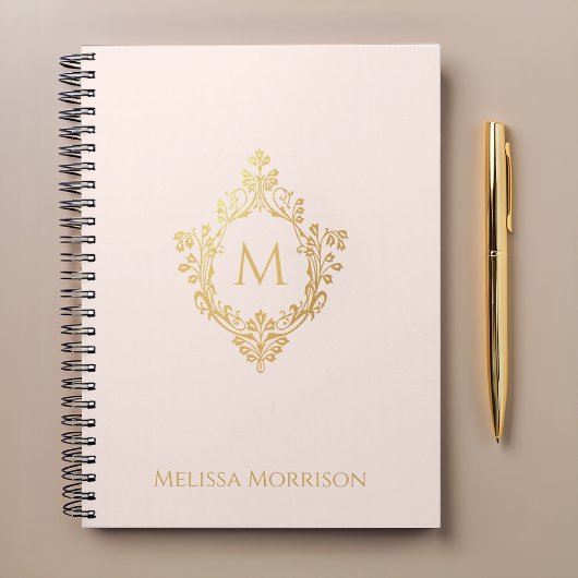 Pink Gold Crest Monogram en Naam Elegant Notitieboek