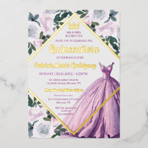 Pink Gold Crown Gown Modern Floral Quinceanera Folie Uitnodiging