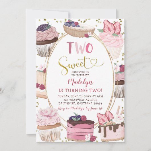 Pink Gold Cupcake Deux Invitation doux 2e annivers (Devant)