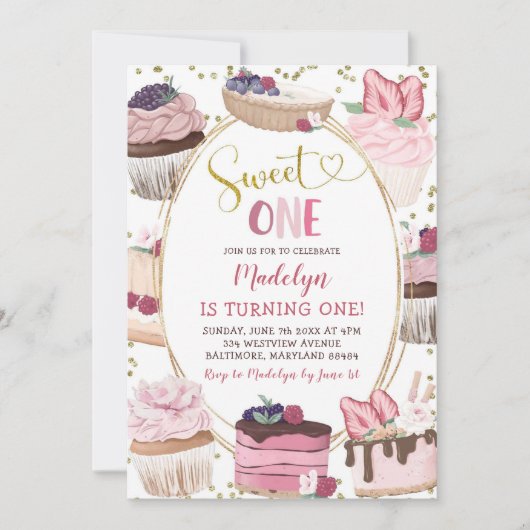 Pink Gold Cupcake Sweet Un Anniversaire Invitation (Devant)