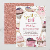 Pink Gold Cupcake Sweet Un Anniversaire Invitation (Devant / Derrière)