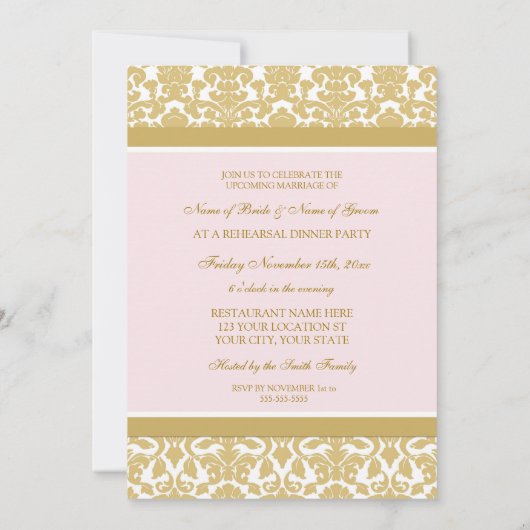 Pink Gold Damask-repesitie - Dinner Party Kaart (Achterkant)