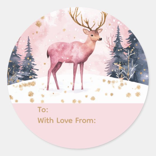 Pink & Gold Deer Personalized To and From Stickers (Voorkant)