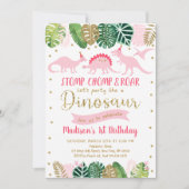 Pink Gold Dinosaur Birthday Kaart (Voorkant)