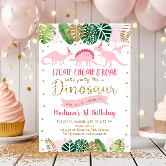 Pink Gold Dinosaur Birthday Kaart