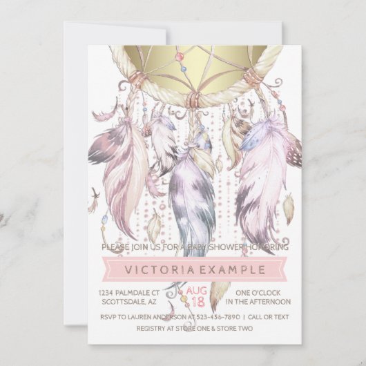 Pink Gold Dream Catcher Baby Shower Invitations (Devant)
