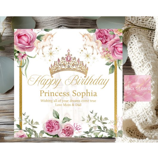 Pink Gold Fairytale Princess Crown Carte d'anniver