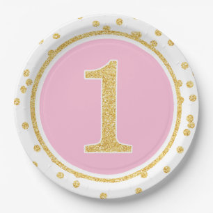 Pink Gold Faux Glitter Confetti 1ste verjaardag Papieren Bordje