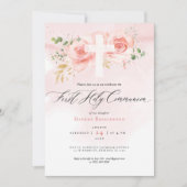 Pink & Gold First Holy Communion Invitation Roses (Devant)