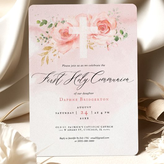 Pink & Gold First Holy Communion Invitation Roses