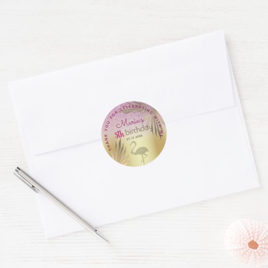 Pink Gold Flamingo 5th Birthday Ronde Sticker (Envelop)