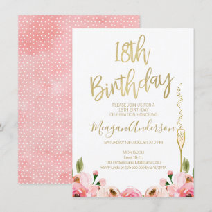 Pink Gold Floral 18e verjaardag uitnodiging