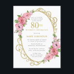 Pink Gold Floral 80th Birthday Party Invitation<br><div class="desc">Honorer une femme spéciale avec cette invitation élégante et féminine à la fête du 80e anniversaire. La 80ème est écrite en gros texte rose. La célébration d'anniversaire suit. Le nom de l'invité honoré est également en majuscules roses. Le reste du texte est doucement gris colombe. Les détails de la fête...</div>