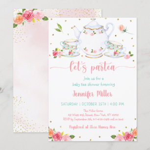 Pink Gold Floral Baby shower Tea Party Kaart