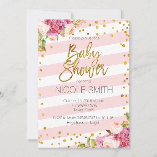 Pink Gold Floral baby shower uitnodiging (Voorkant)