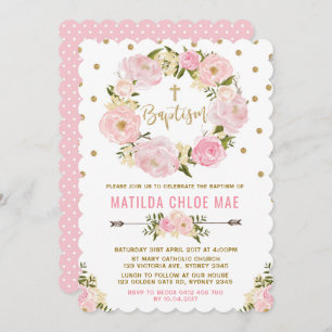 Pink Gold Floral Baptism Christening Uitnodiging