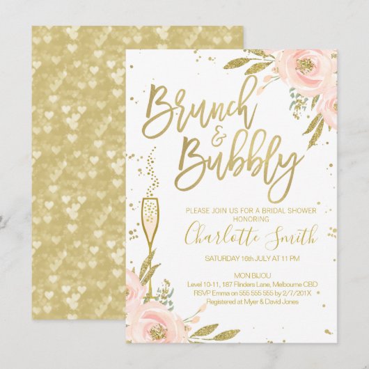 Pink Gold Floral Brunch Invitation de douche nupti (Devant / Derrière)