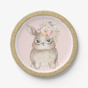 Pink Gold Floral Bunny Rabbit Baby shower Birthday Papieren Bordje