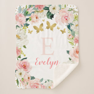 Pink Gold Floral Butterfly Girl Sherpa Deken