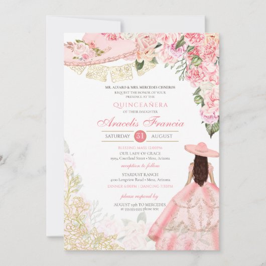 Pink & Gold Floral Charra Western Quinceanera Kaart (Voorkant)