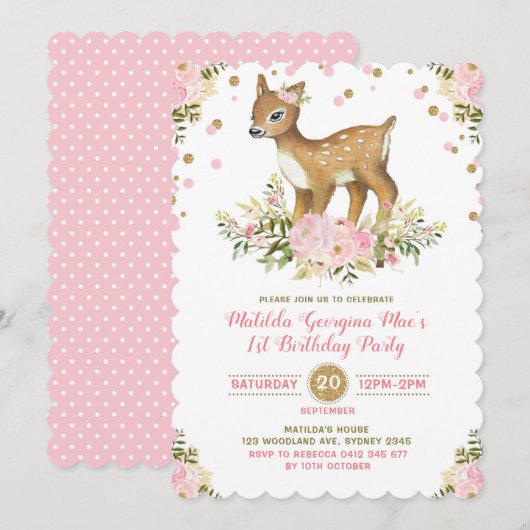 Pink Gold Floral Deer Invitation premier anniversa (Devant / Derrière)