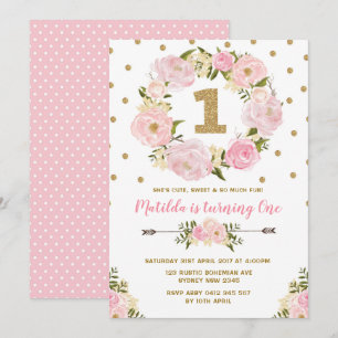 Pink & Gold Floral Eerste eerste verjaardag Uitnod Kaart