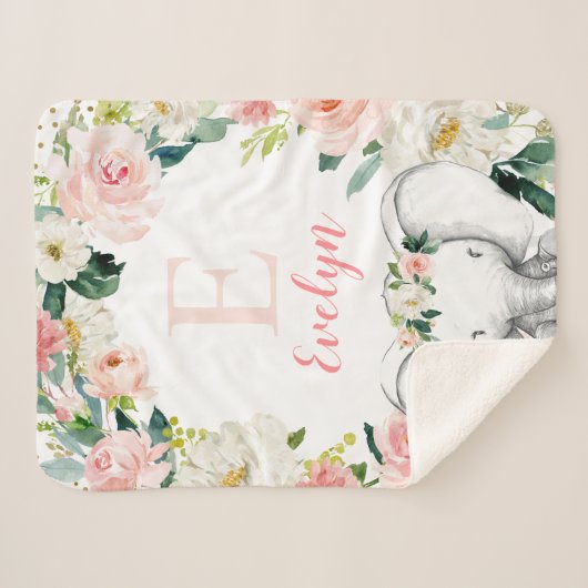 Pink Gold Floral Elephant Girl Sherpa Deken (Voorkant (horizontaal))
