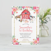 Pink Gold Floral Farm 1er anniversaire Invitation (Debout devant)
