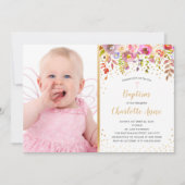 Pink Gold floral fille photo Baptême invitation (Devant)
