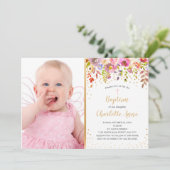 Pink Gold floral fille photo Baptême invitation (Debout devant)