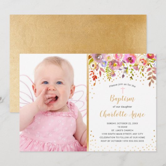 Pink Gold floral fille photo Baptême invitation (Devant / Derrière)
