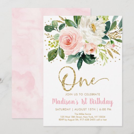 Pink Gold Floral First Birthday Invitation Kaart (Voorkant / Achterkant)