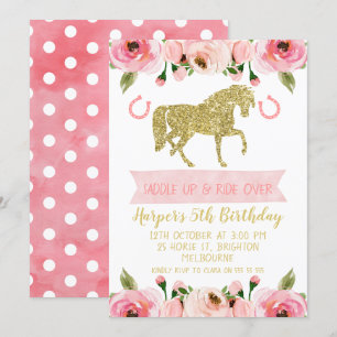 Pink Gold Floral Horse Birthday Party Invitation Kaart