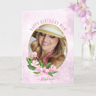 Pink Gold Floral met aangepaste foto op zaterdag Kaart