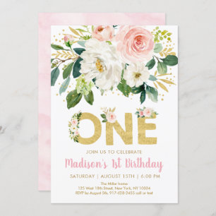 Pink Gold Floral première invitation anniversaire