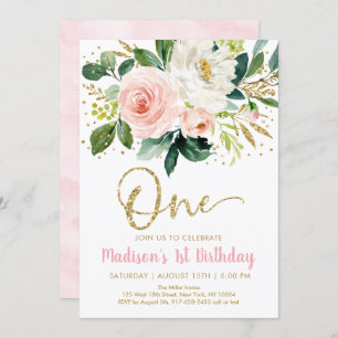 Pink Gold Floral première invitation anniversaire