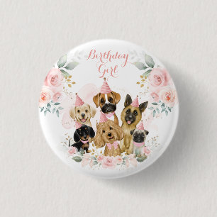 Pink Gold Floral Puppy Dogs Birthday Girl Button