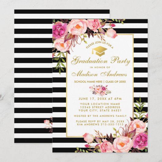 Pink Gold Floral Striped Graduparty Invite Kaart (Voorkant / Achterkant)