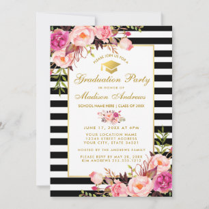 Pink Gold Floral Striped Graduparty Invite Kaart