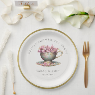 Pink Gold Floral Teacup Vrijgezellenfeest Tea Part Papieren Bordje