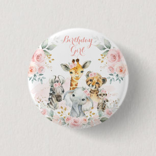 Pink Gold Floral Wild Oerwoud Safari Birthday Girl Ronde Button 3,2 Cm