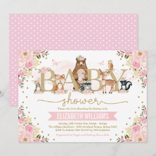 Pink Gold Floral Woodland Animals Girl Baby shower Kaart