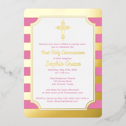 Pink, Gold Foil Stripe 1er Invitation de communion (Recto)