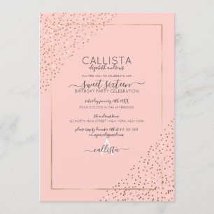Pink Gold Glitter Confetti Corners Sweet 16 Kaart